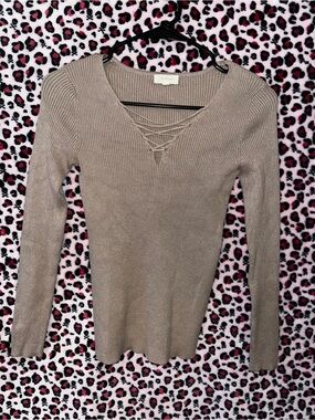 Ambiance Taupe Ribbed Long Sleeve Lace-Up V-Neck Top
